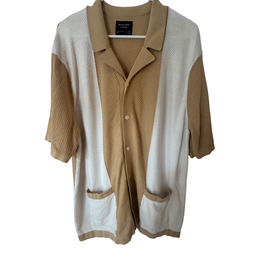 Abercrombie & Fitch Mens XL Tan Cream Colorblock Knit Button Sweater Polo Shirt